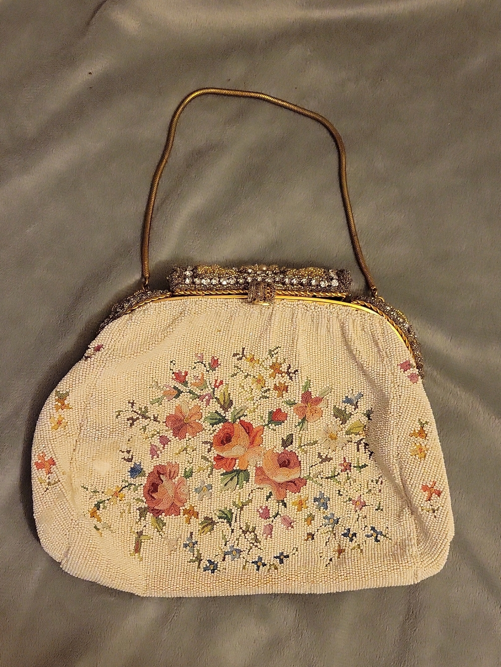 Handmade Vintage Embellished Floral Beaded Handbag - Cream
